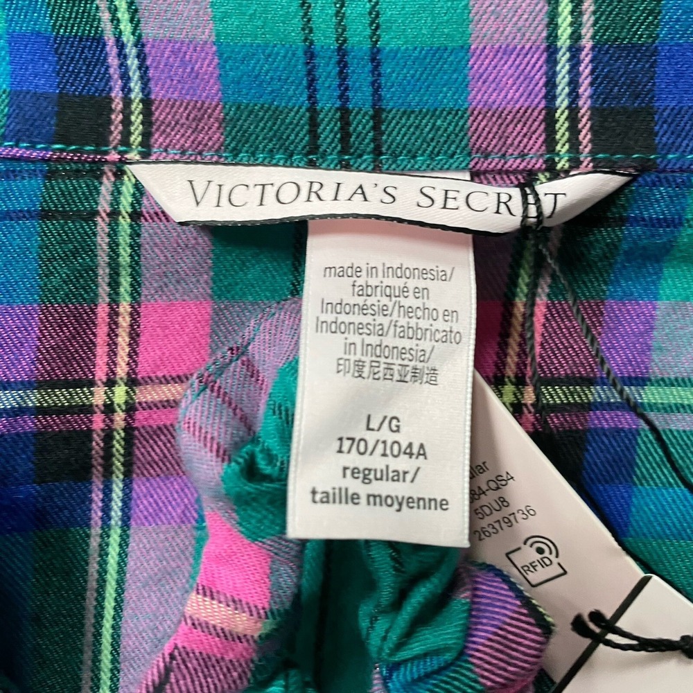 Victoria's Secret Pajama Shirt Size L & Hair Scrunchie Green Pink Plaid Flannel - Picture 6 of 10